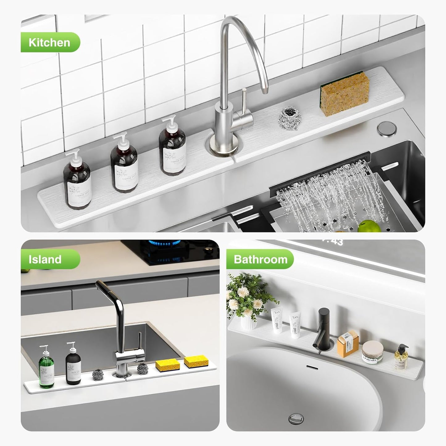 Premium Stone Faucet Mat for Kitchen Sink, 30" x 4" White | Quick Drying & Water Absorbent, Sink Splash Guard Tray for Prevents Moisture Buildup