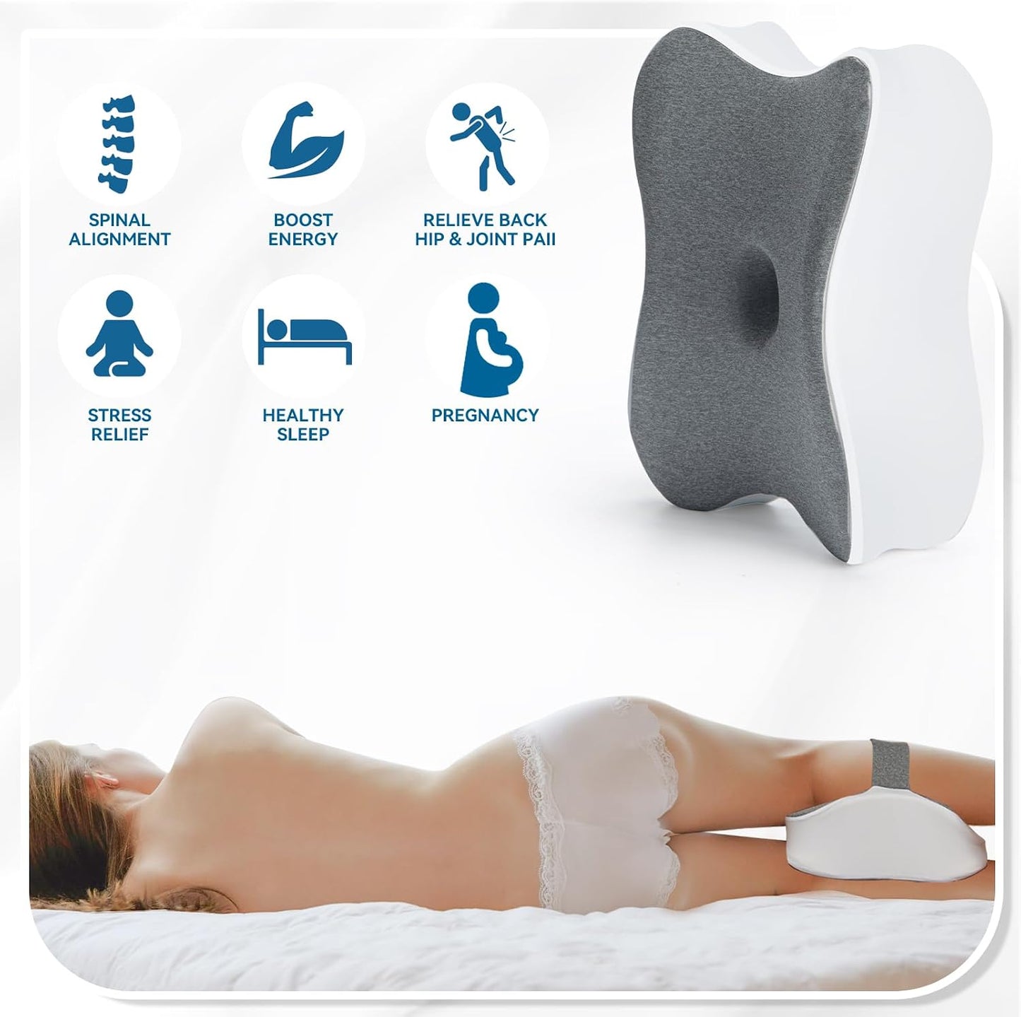 Long Knee Pillow for Side Sleepers Between Legs, Memory Foam Leg Pillow for Side Sleeping with Strap, Sciatica Pain Relief Pillow for Hip Pain, Spine Aligning, Back Pain, Pregnancy-Under