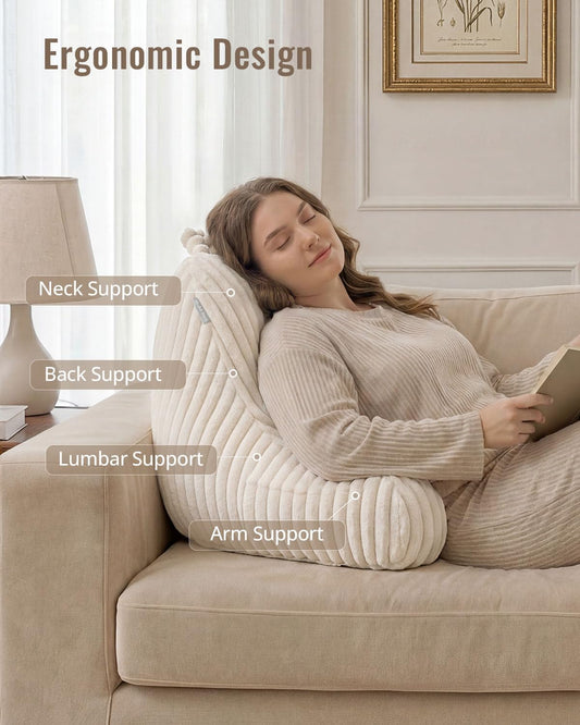 Blissful Diary Reading Pillow, Backrest Pillow with Shredded Memory Foam for Adult & Children, Designed for Bed and Couch Sitting Up, Includes Arms, Pockets and Washable Cover, Off White