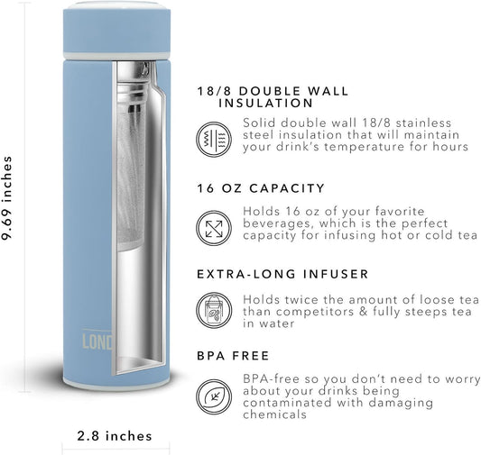 London Sip Multi-Purpose Tea Infuser Travel Mug and Tumbler Fruit Infuser Flask Hot and Cold Double Wall Stainless Steel Thermos with Extra-Long Infuser, Midnight Teal