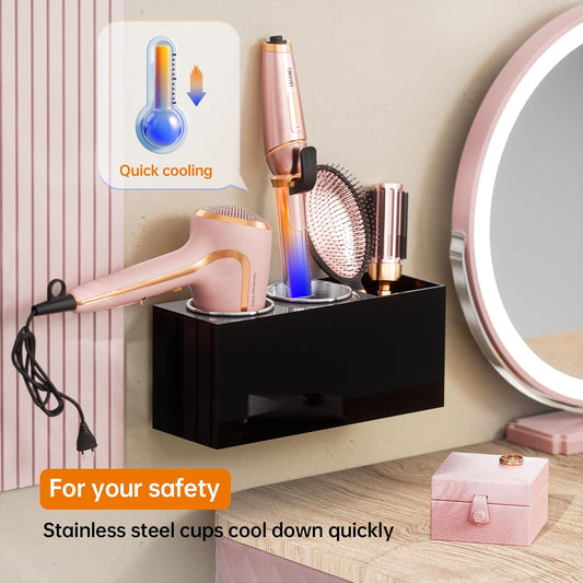 YUNEASELF Hair Tool Organizer Acrylic: Hair Dryer Holder Wall Mount - Blow Dryer Holder Cabinet Door - Bathroom Countertop Organizer for Curling Iron Hot Styling Tools Flat Iron - Black