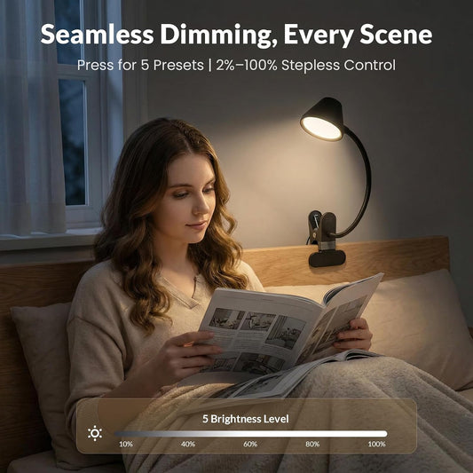 LEPOWER Clip on Light, Reading Lights for Books in Bed, 400LM, RG0 Eye-Care | 5 Colors & Stepless Dimming, Amber Glow Light & Auto Timer, Up to 2.3" Strong Clamp with Adapter for Headboard, Bedside, Desk