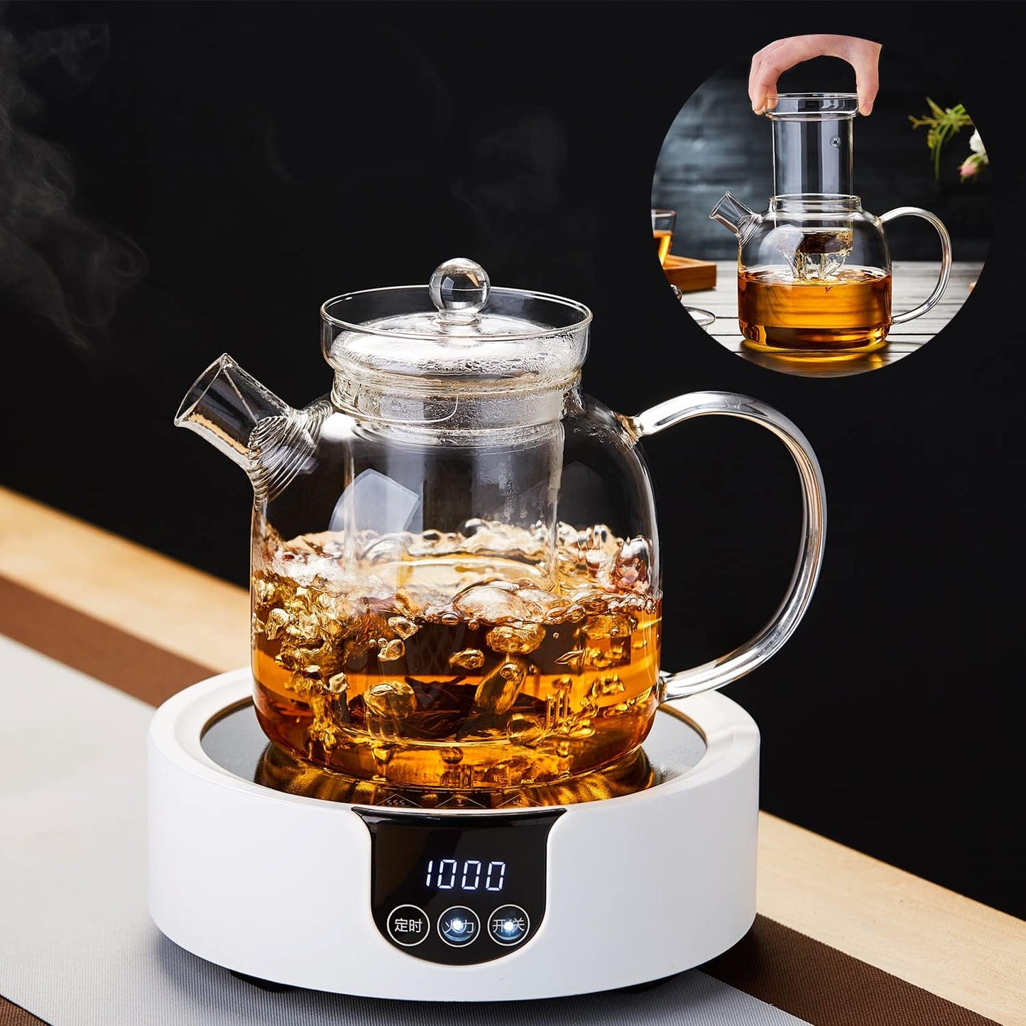 Glass Teapot,1000ml/34oz Borosilicate Glass Teapot with Removable Infuser, Stovetop Safe Tea Kettle,Blooming and Loose Leaf Tea Maker