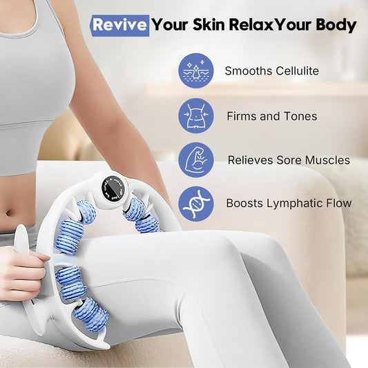 Anti-Cellulite Massage Roller with Handles for Legs & Thighs | Textured roller with detachable handles for legs, thighs and buttocks; compact design for easy storage.