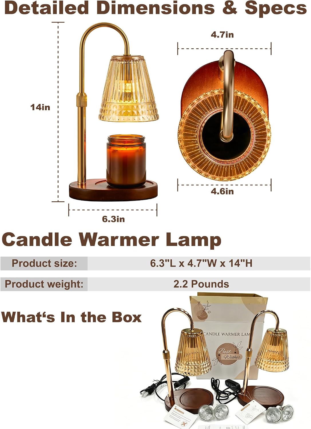 Candle Warmer Lamp with Timer Dimmer, Flameless Candle Warmer for Jar Candles, Height Adjustable Wax Warmer, House Warming Gifts New Home Decor, Birthday Gifts for Women (2 Bulbs Included)