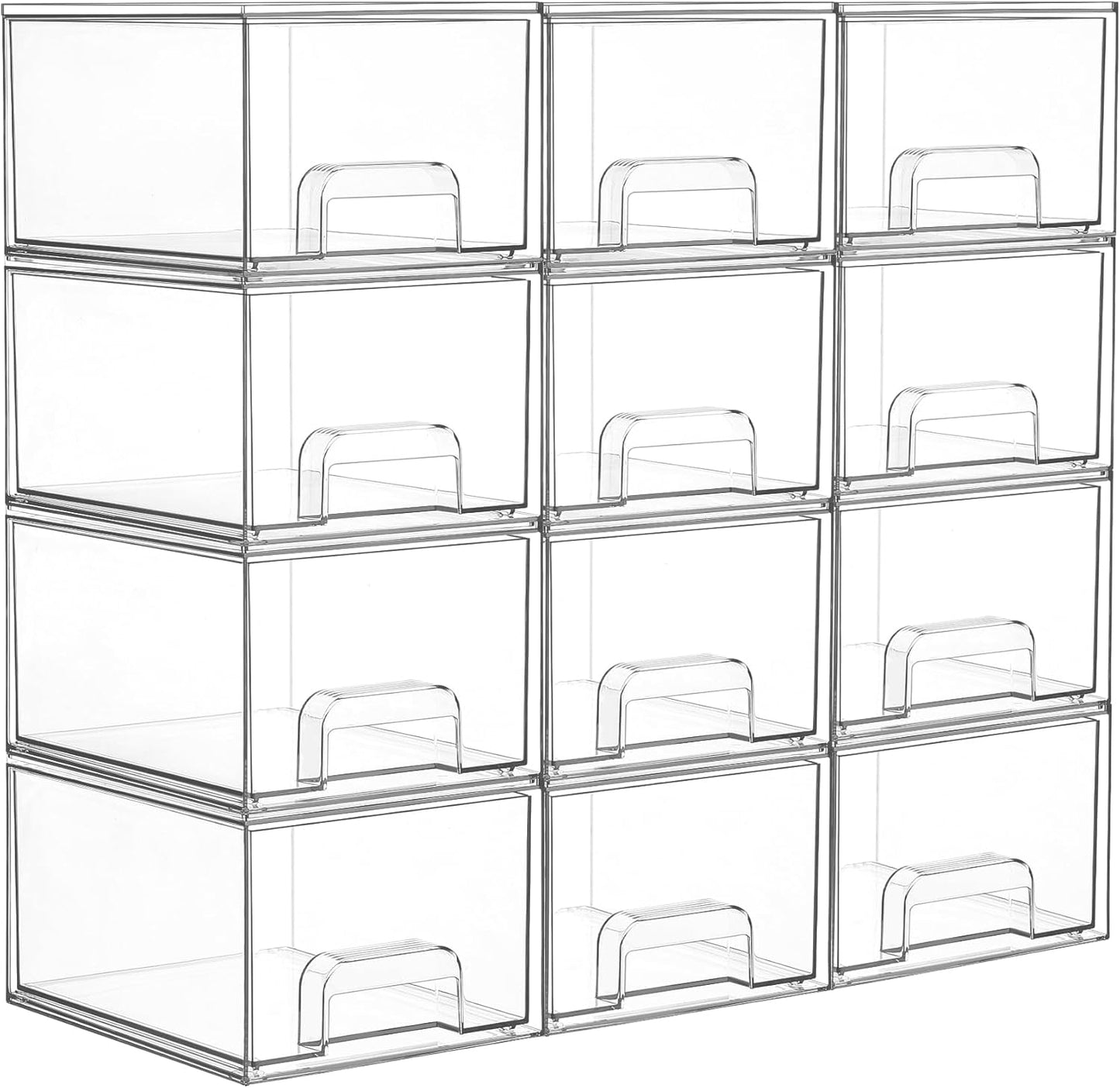 Vtopmart 4 Pack Small Clear Stackable Storage Drawers, Fits Narrow Spaces | Multi-Use Plastic Bins for Bathroom Cabinet Organizer, Makeup, Desk, Vanity, Undersink, Medicine ,Keeps Small Items Organized