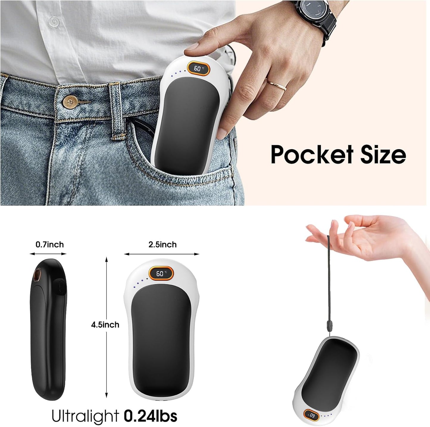 Hand Warmers Rechargeable,2 Pack Double Sided Heating Warmer That Surrounds Warmth for Palm and Fingers,Magnetic Electric Handwarmers 10000mAh with Adjustable Temp,Winter Gifts for Men and Women