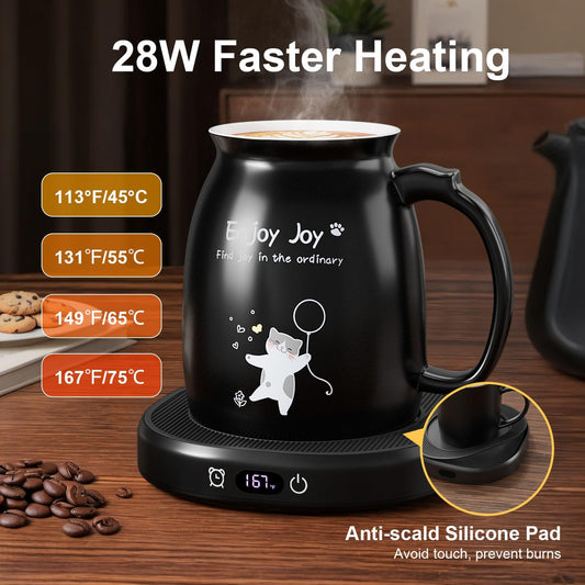 Cat Mug Coffee Mug Warmer Set for Desk Electric Heated Tea Cup Candle Plate | Cute Cat Cup Warmer Set, Self Heating Tea Warmer for Office Home, 8Hrs Auto Shut Off 4 Temperature Setting, Christmas Gift