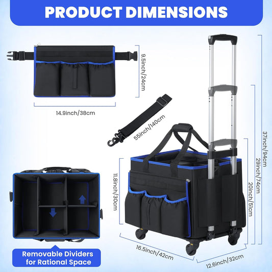 Rolling Cleaning Caddy Bag with Detachable Trolley, Large Multi-Pockets Cleaning Supply Organizer with Handles and Shoulder Strap, Cleaning Cart Supplies Organizer for Housekeepers, Cleaners, Car