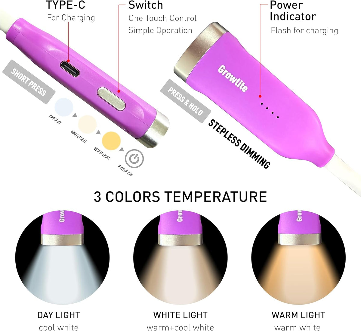 Neck Reading Light, 3 Color & Brightness Adjustable Book Light for Reading in Bed, Hands-Free, Lightweight, USB C Rechargeable, Eye-Caring, Perfect for Crafts, Camping, Kids & Adults (white)