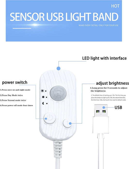 Vortex HJ-J0081C USB LED Strip Lights with Motion Sensor, Cool White 1m Dimmable LED Closet Light Motion Activated, Under Cabinet or Bed Strip Light(1 Meter, Cool White)