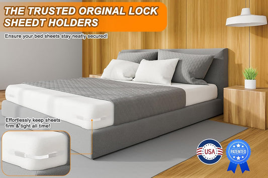 Bed Sheet Holders for Corners, Heavy Duty Fitted Sheet Holder with Lock Fastener Straps &Anti-Slip Pads Keep Sheets Firm&Tight, No More Loose Sheets, Easy Installation for Any Mattress Sizes(Set of 4)