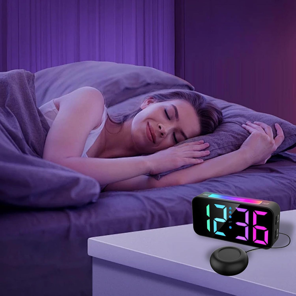 ciciglow RGB Loud Alarm Clock with Bed Shaker for Heavy Sleeper, 3 Modes Vibrating Alarm Clock, 7.4 Inch LED Display, 12/24H, Snooze, Brightness Adjustable