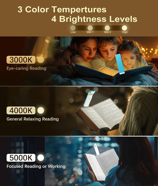 Reading Light, USB Rechargeable Book Light for Reading in Bed,Foldable Clip-on LED Booklight, 3 Amber Colors & 4 Brightness Dimmable,Long Lasting Portable Bookmark Lamp for Book Lovers, Kids