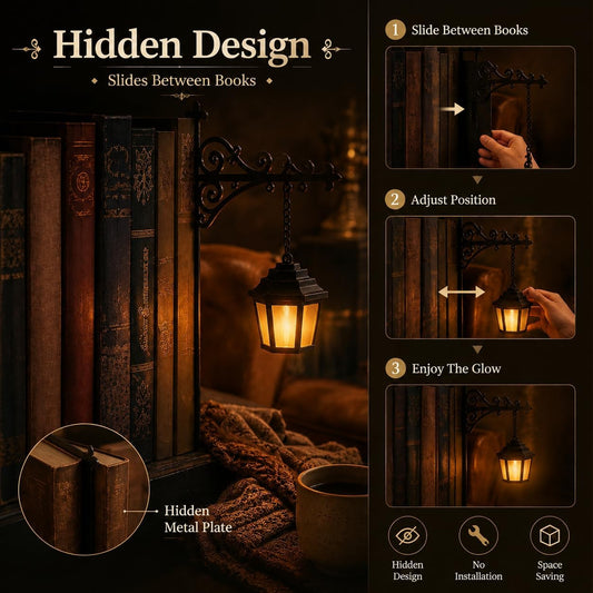 Library Lantern-Decorative Bookshelf Lighting, Mini Bookshelf Lamp Slides Between Books, Warm Amber LED Nook Light & Bookshelf Lantern for Book Nook, Shelf Decor Gift for Book Lovers(Classic Lantern)