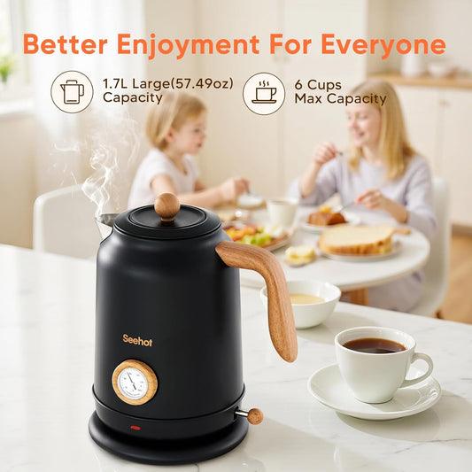 Seehot® Electric Kettle With Thermometer, 1.7L 1200W, Black | Auto shutoff, boil-dry protection,water-contact stainless steel, cordless base for coffee and tea