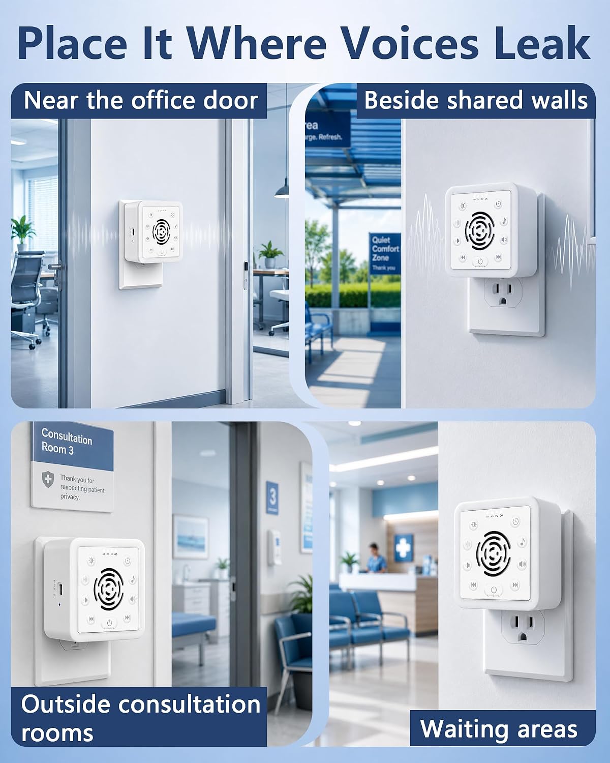 Office Privacy White Noise Machine: 90dB 30 Adjustable Volume Wall Plug-in | Sound Machine with 30 Non Looping Sounds, Reduces 95% Speech Clarity Outside Door for Private Office
