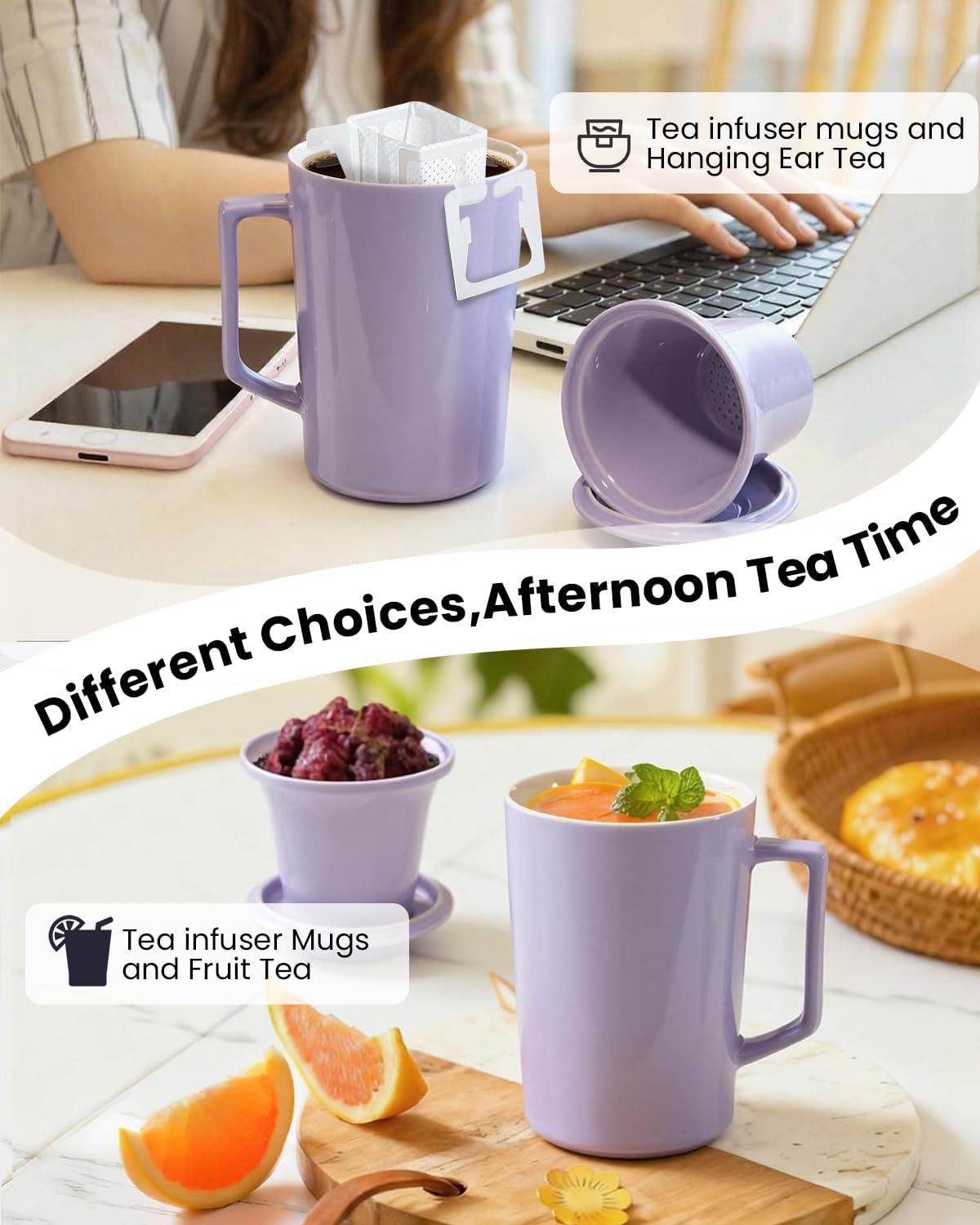 15 oz Ceramic Tea Infuser Cup with Lid - Tea Mug with All Porcelain Strainer for Loose Leaf Teas,Microwave and Dishwasher Safe,Metal-Free,BPA-Free for Tea Lovers/Birthday (Black)