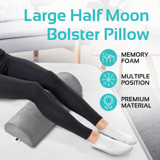 AllSett Health Large Half Moon Bolster Pillow for Legs, Knees, Lower Back and Head, Lumbar Support Pillow for Bed, Sleeping | Semi Roll for Ankle and Foot Comfort - Machine Washable Cover, White