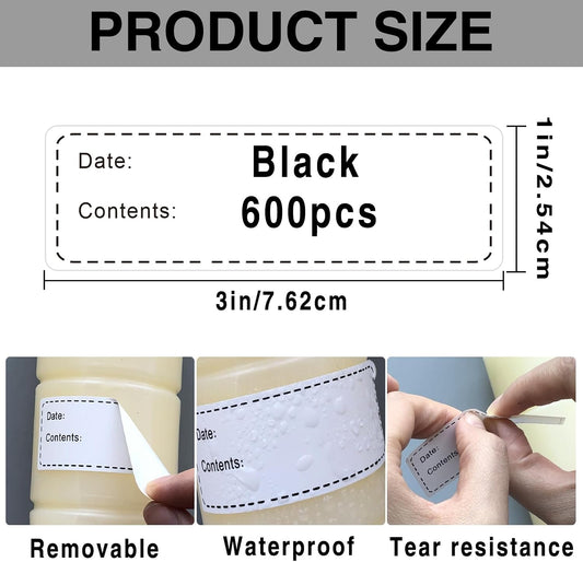 600pcs Removable Freezer Labels,1x3 Inch Food Storage Stickers Containers Date Stickers,Easy Clean and Write On Refrigerator Freezer Paper Label,No Residue,for Kitchen,Restaurants,Markets(Black)