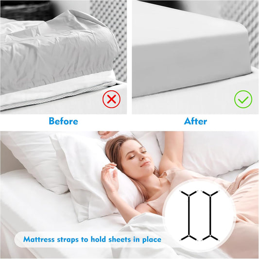 Bed Sheet Straps, 2Pcs Elastic Adjustable Bed Sheet Holder Straps, Fitted Sheet Straps to Hold Sheets in Place with Metal Clips, Sheet Holders for Mattress Cover, Sheet, Sofa Cushion (Black)