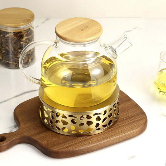 QWORK Tea Kettle Warmer, Brushed Stainless Steel Tea Kettle, Hollow Frame, with Tea Candle Holder, Fits Most Teapots, Gold