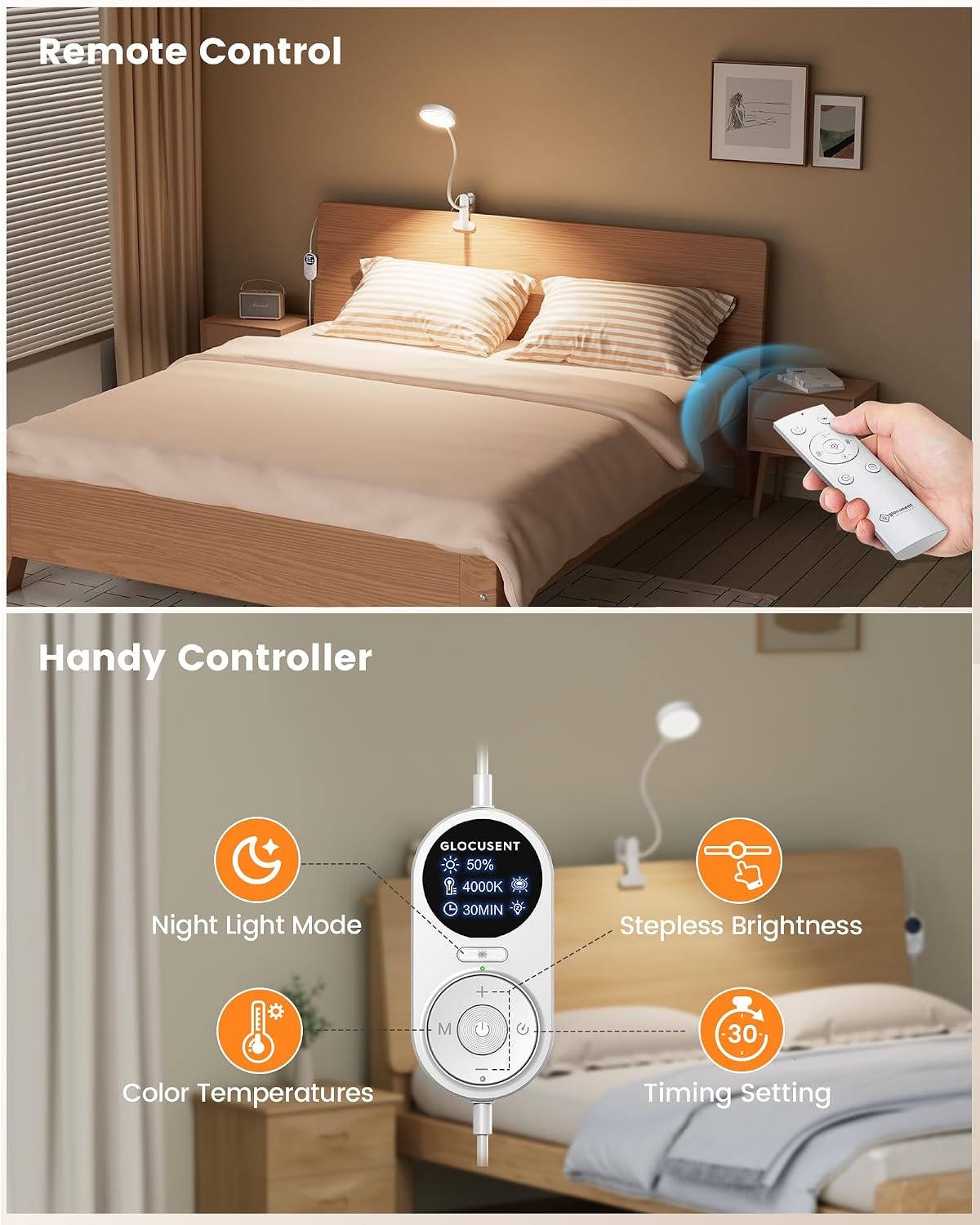 Glocusent 72 LED Desk Lamp, Bed Lamp with Amber Ring& Amber Mode | 3 Colors & 5 Brightness, 2.75" Clamp & 30Min Timer, USB Powered with Remote, Clamp Light for Headboard/Dorm/Bunk/Work/Craft