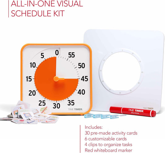 TIME TIMER Visual Schedule Package - 8-inch 60 Minute Visual Routine Timer with Dry Erase Board, PECS Cards, and Whiteboard Marker - for Kids Desk, Classroom, Home, and Routines (Orange)