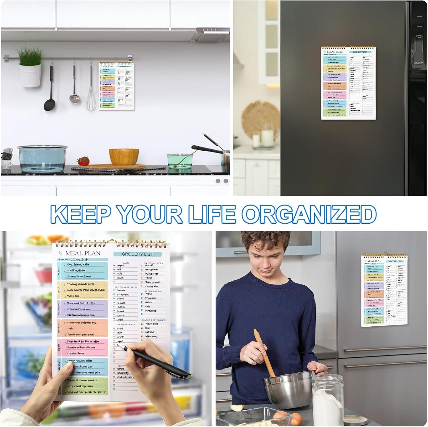 Weekly Meal Planner Notebook 8.5x11”, 50 Sheets Weekly Meal Planner Magnetic, Double Helix Meal Planner and Grocery List, Wall-Mountable Menu Planner for Fridge Notepad for Daily & Plan