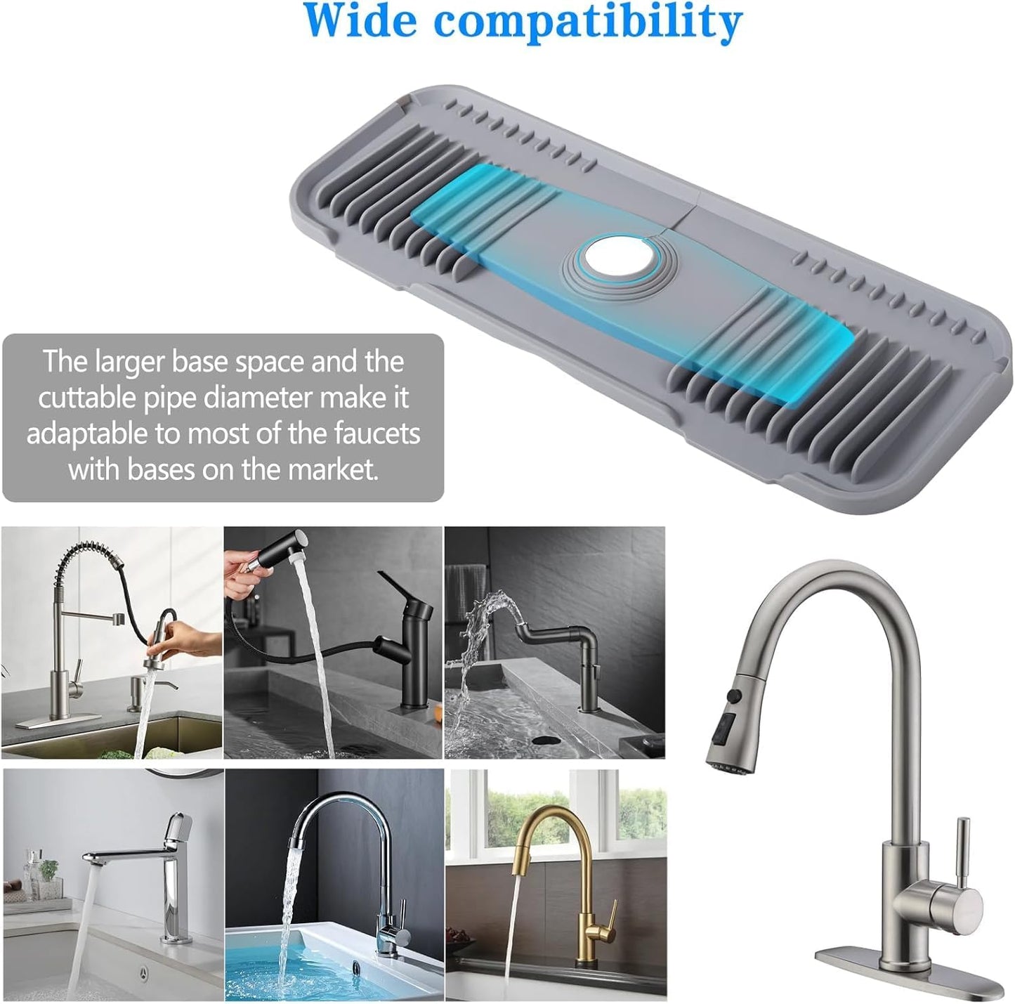 Kingmall 2nd Generation Silicone Faucet Mat, Kitchen Faucet Drip Catcher with Cuttable Circular Center for Kitchen Sink, Tailor-Made for Faucets with Deck Plate, Food Grade Silicone, Light Grey