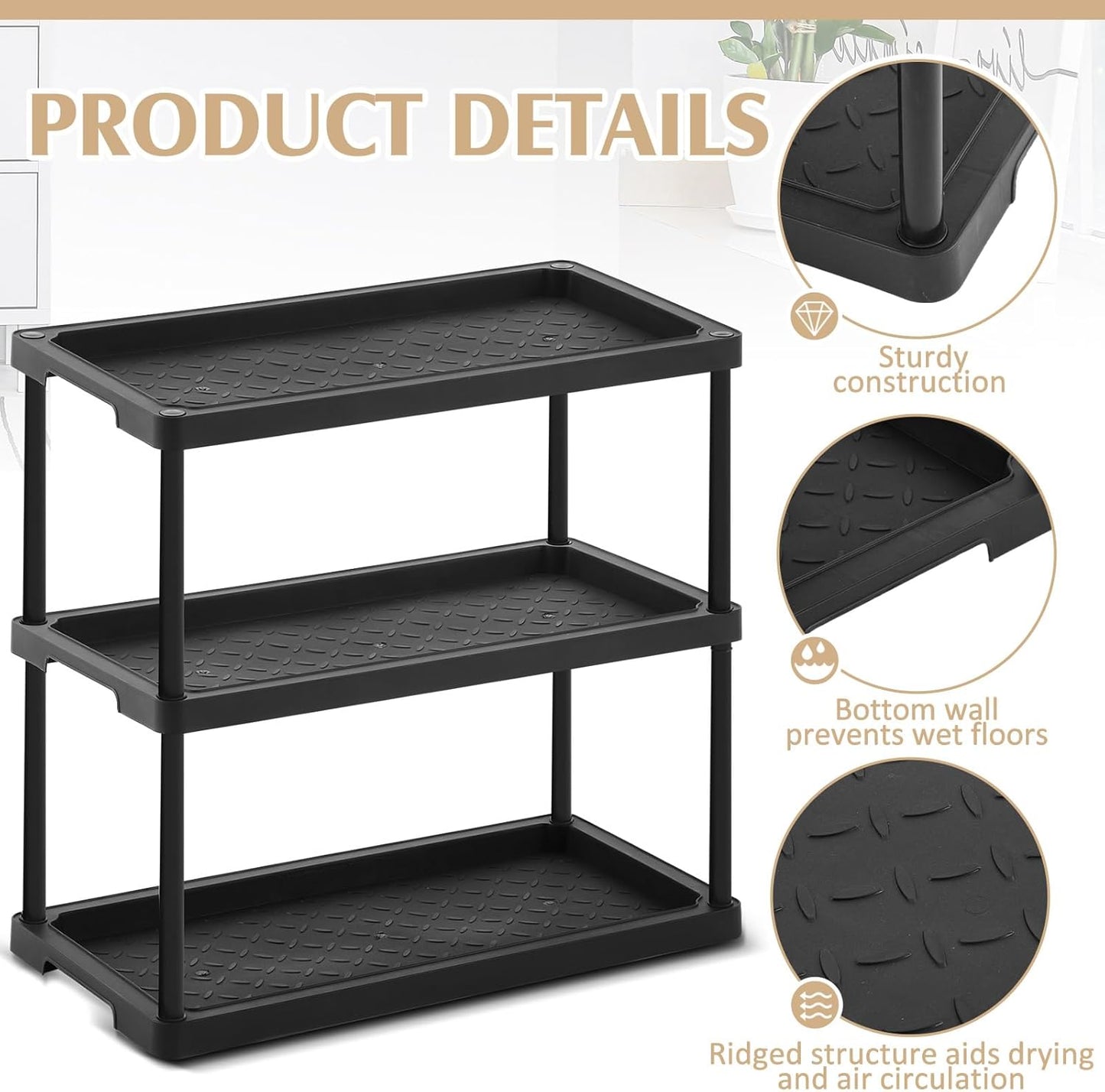 Cinnvoice Boot Tray Rack for Entryway Plastic Waterproof Shoe Mat Tray Large Storage Shelf for Indoor Outdoor Entryway Hallway Closet Use in All Seasons Black(28" d X 14.5" w X 14.5" h)