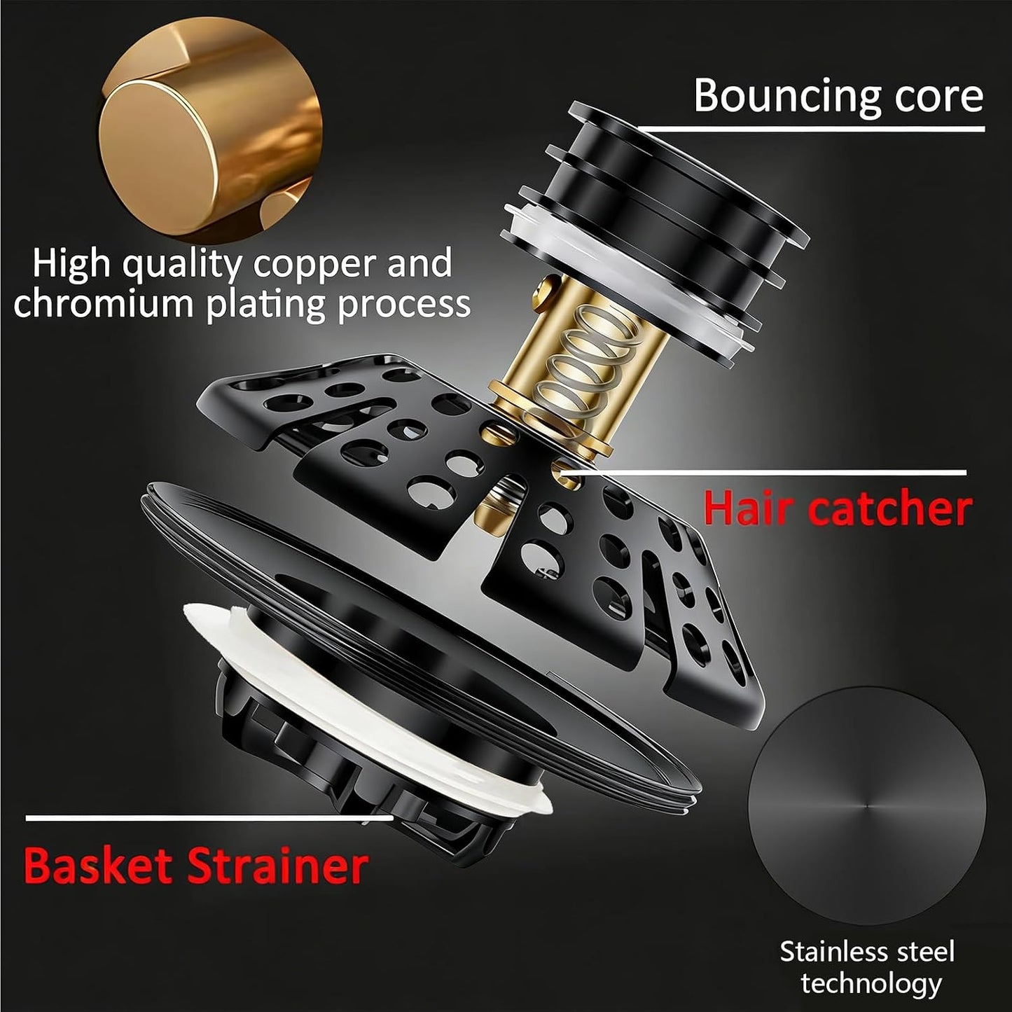 AzWzz Universal Tub Stopper Bathtub Drain Plug, Pop Up Tub Drain Hair Catcher, Drain Cover with Strainer, for 1-3/8 to 2in Bath Drain Hole