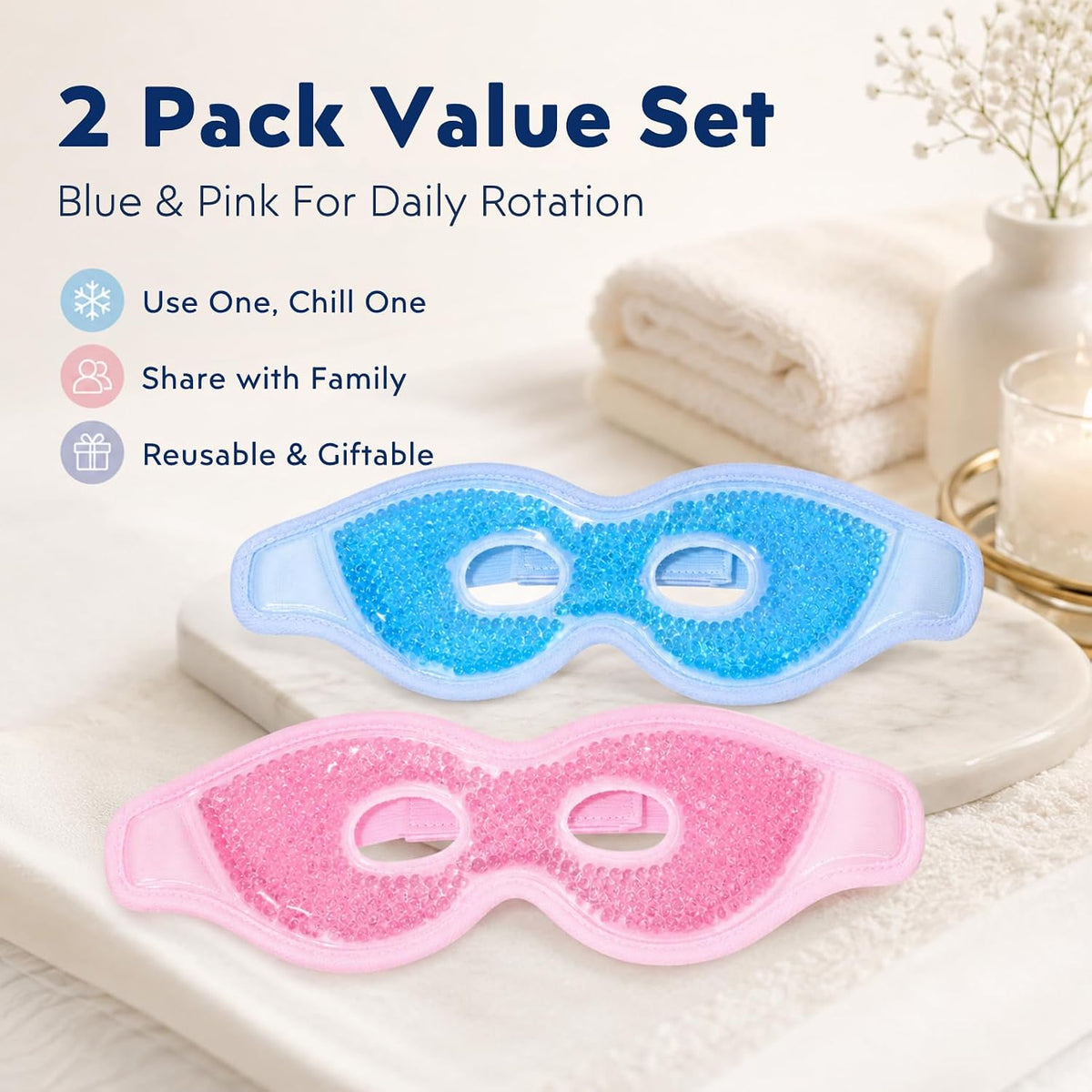 Gel Eye Mask, Reusable Hot & Cold Cooling Eye Mask, Cold Compress for Puffy Eyes, Eye Cooling Gel Beads Sleeping Mask, Adjustable Plush Strap — Stays Cool 30 Mins - 2 Pack