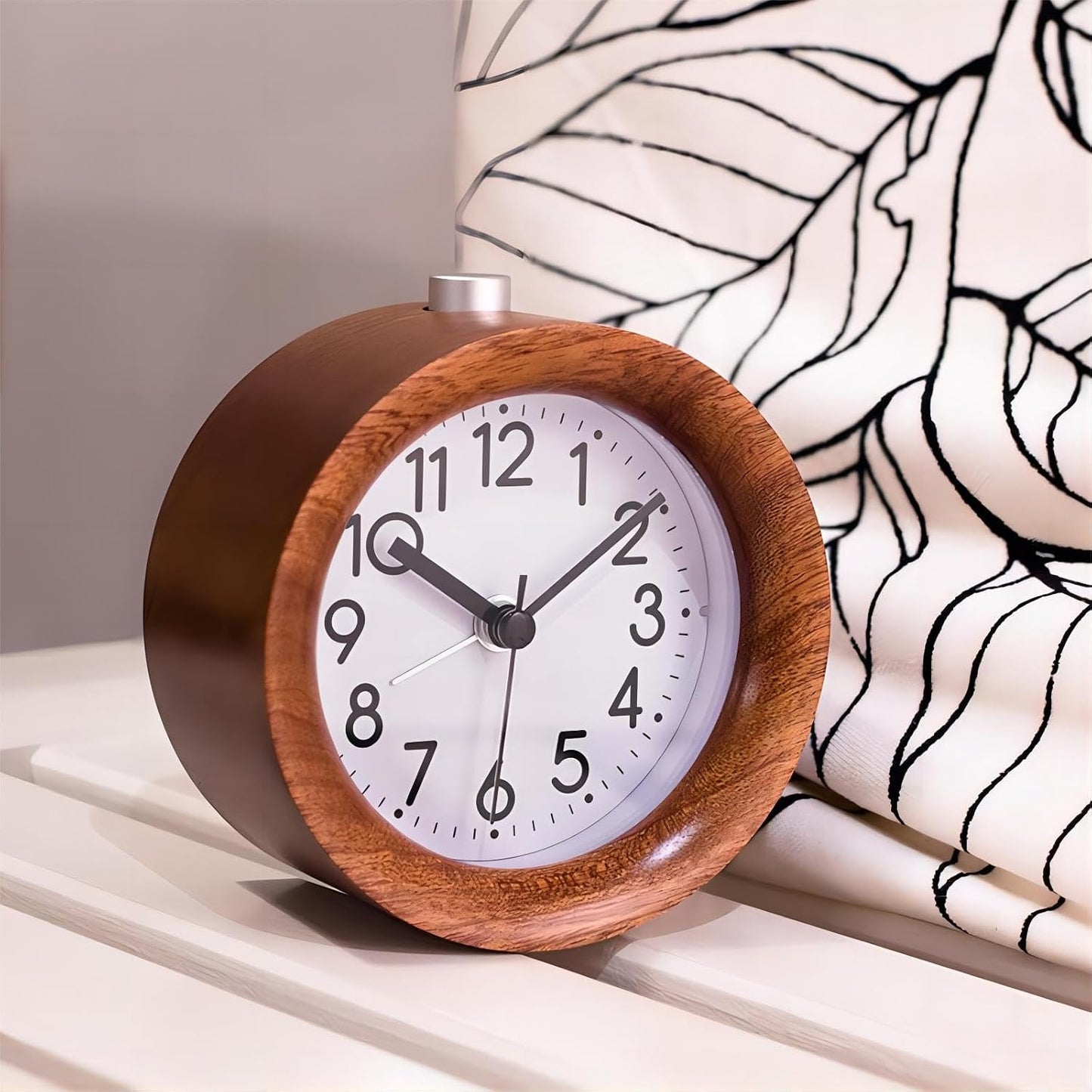 Round Wooden Alarm Clock Analog Non Ticking Night Light Snooze | Silent Arabic Numerals Battery Operated for Desktop Bedroom Bedside Brown