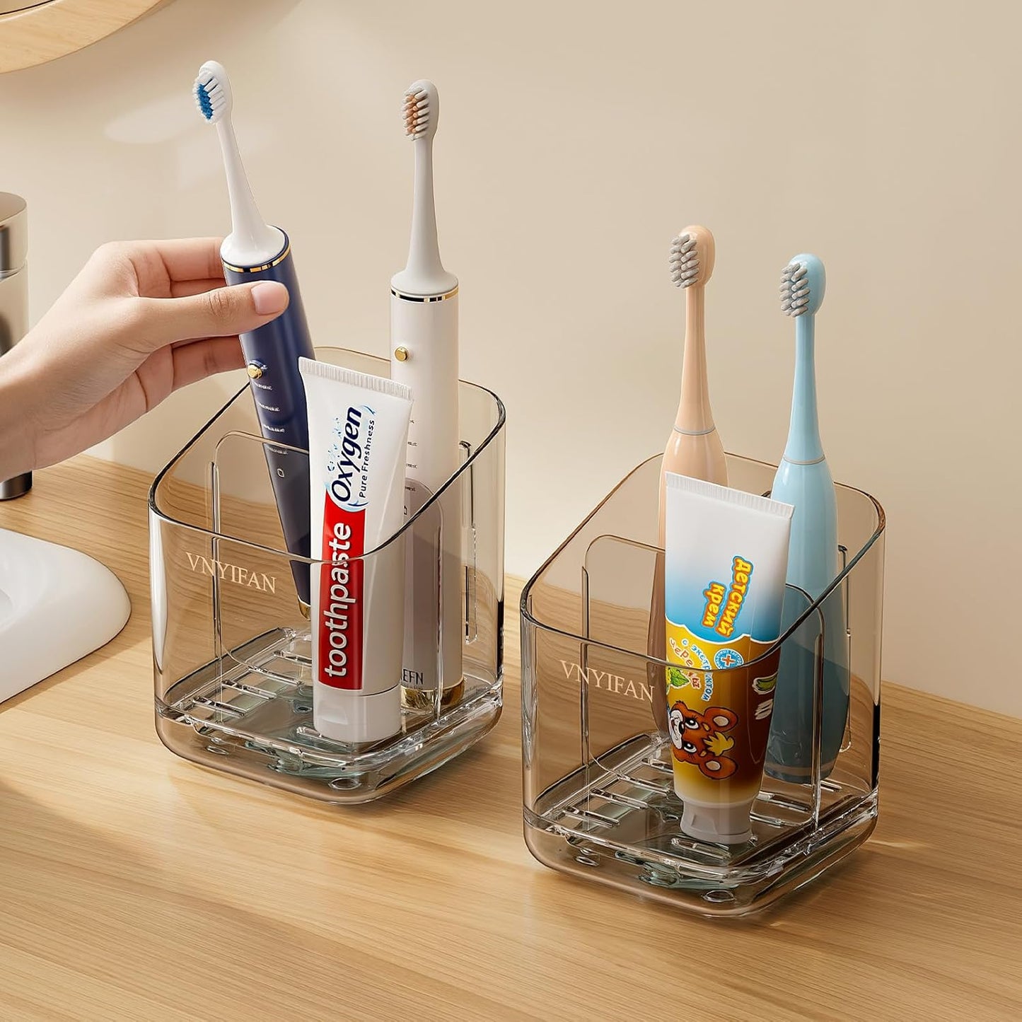 3 Slots Toothbrush Holders with Detachable Dividers for Bathrooms | Toothbrush Holder Wall Mounted with Drip Tray, Electric Tooth Brush and Toothpaste Holder Organizer for Bathroom Countertop
