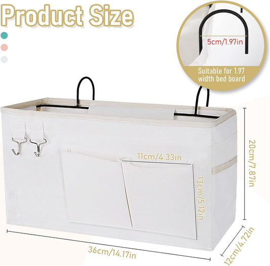 Bedside Caddy Organizer Hanging Storage Bag Bunk Bed White | Bed Caddy with Magazine Water Bottle Phone Holder for College Dorm and Hospital Beds