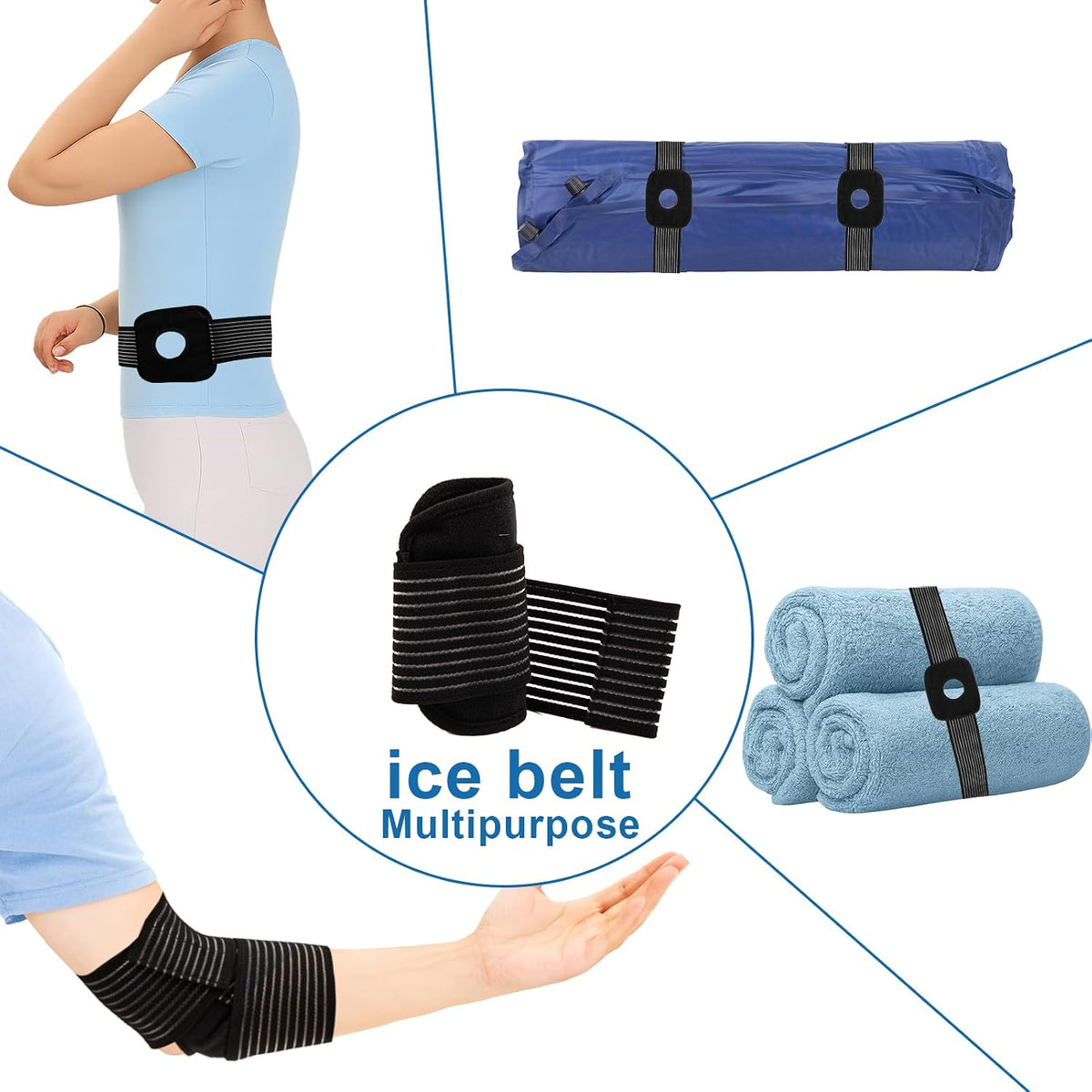 4 Pcs Ice Pack Strap, Adjustable Support Wrap, Ice Pack Wrap Extender Straps, Multipurpose Elastic Hook and Loop Extension Strap, Ice Bag Strap for Wrists, Arms, Waists, Knees Ice Belt, 41 Inches