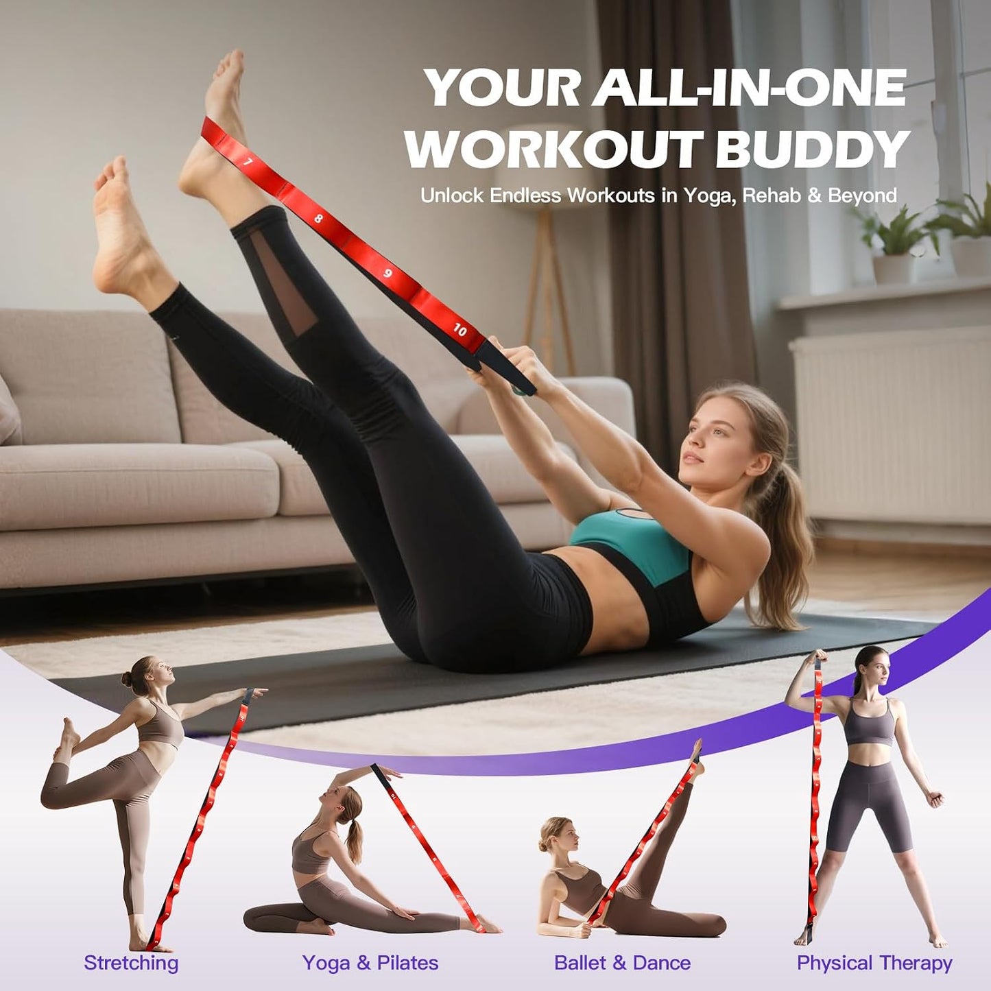 Non Elastic Stretching Strap with Loops - Yoga Straps for Physical Therapy, Durable Stretch Bands for Exercise, Flexibility Training, Hamstring & Leg Stretcher, Yoga/Pilates/Gymnastics