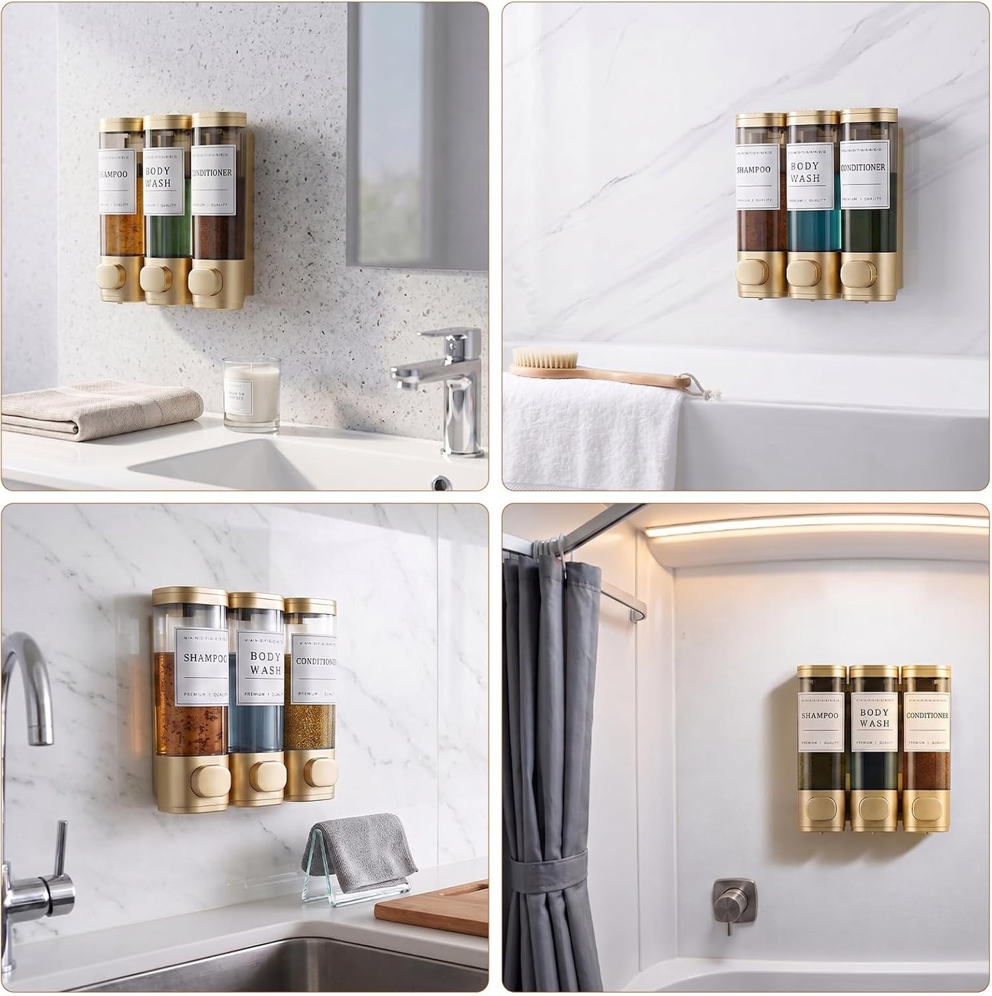 Shampoo and Conditioner Dispenser,Shower Soap Dispenser 3 Chamber No Drill Wall-Mounted for Bathroom & Hotel Leak-Proof Pumps, for Thick Liquids Like Conditioner - 1050ML High Capacity, Dark Blue