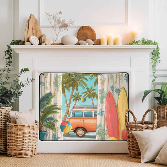 Magnetic Fireplace Cover Tropical Palm Leaves Fireplace Screen Decorative Camper Van Surfboard Balls Insulation Fireplace Blocker Save Energy Fireplace Draft Stopper Covers for Living Room 36x30 Inch