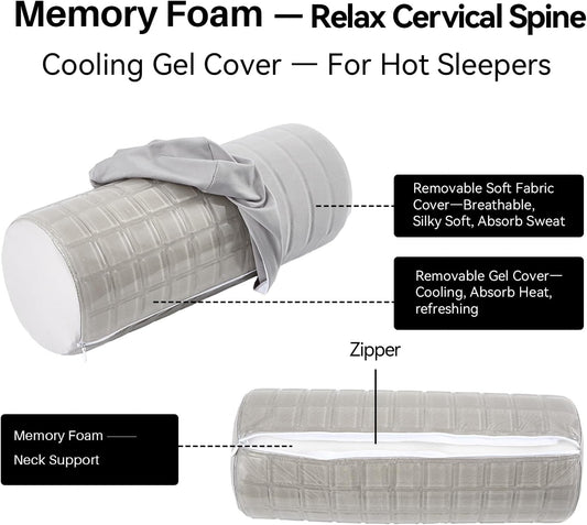 Cervical Roll Pillow with Cooling Gel Cover, Cooling Gel Memory Foam for Hot Sleepers, Small Neck Roll Pillow, Neck Round Pillow for Sleeping, Cylinder Bolster Pillow for Bed, Legs and Back