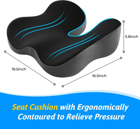 Seat Cushion for Tailbone & Sciatica Pain Relief | Certified & Ergonomist-Designed,Tapered Front Edge Reduces Thigh Pressure,Wide Memory Foam for Office Chair, Car, Wheelchair