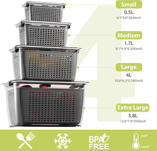 LUXEAR 4 Pack Fruit Vegetable Containers for Fridge, Produce Saver Container with Lids &Removable Colander BPA-free Refrigerator Storage Organizer for Fruit Vegetable, Berry, Meat keep Fresh Longer | BPA Free with Removable Colanders Leak-proof Fridge