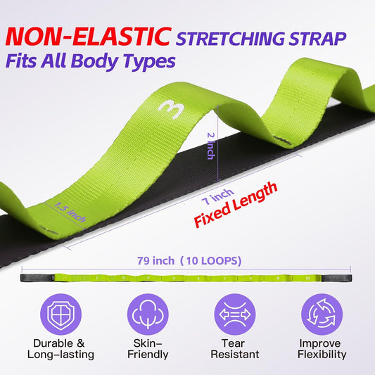 Non Elastic Stretching Strap with Loops - Yoga Straps for Physical Therapy, Durable Stretch Bands for Exercise, Flexibility Training, Hamstring & Leg Stretcher, Yoga/Pilates/Gymnastics
