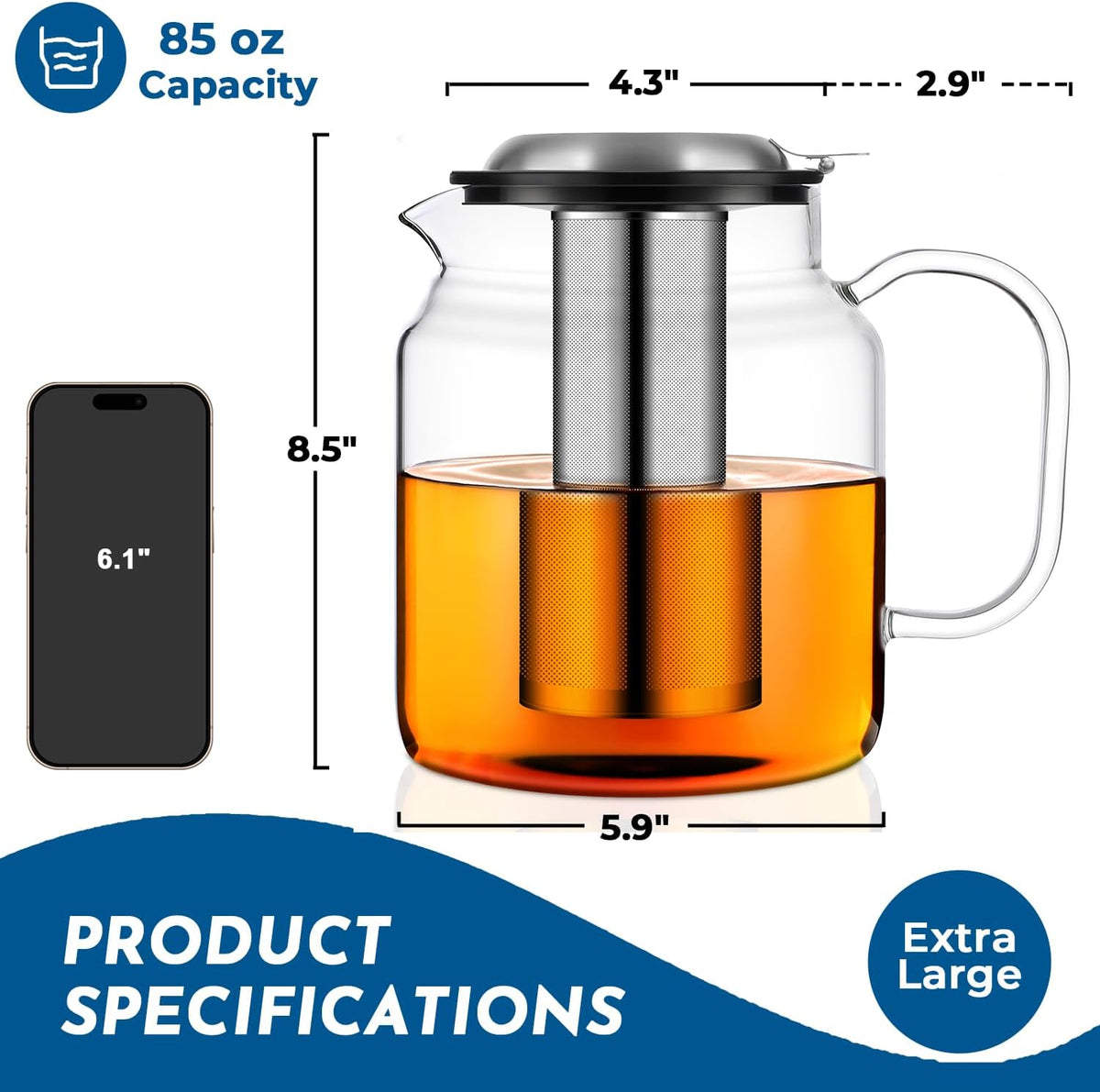 Aquach 51oz Glass Teapot with Infuser, Stovetop Safe Borosilicate Tea Pot