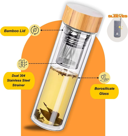 15oz Double Wall Glass Water Bottle with Bamboo Lid and Tea Infuser – Insulated, Leak-Proof, and Eco-Friendly Travel Tea Mug with Filter for Hot or Cold Beverages | Built-In Filter, Leak-Proof Double-Wall Glass, Loose-Leaf Tea, Fruit-Infused Water,
