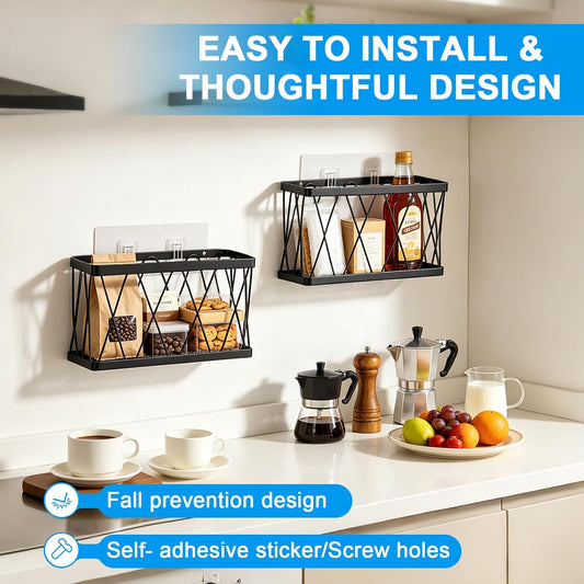 8 Pack Cabinet Door Organizer,No Drill Adhesive Metal Pot Lid Holder with 4 Storage Baskets &4 Tumbler Lid Holders,Rustproof Inside Cabinet Food Container Lid Storage Rack for Kitchen Pantry Bathroom