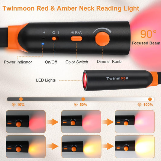 Red Amber Dual Color Neck Reading Light, Rechargeable Dimmable Book Lamp | Zero-Blue LED Neck Light, 360° Bendable Hands-Free, Eye-Friendly for Night Reading, Better Sleep, Travel, Crafts, Ideal Gift