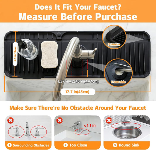Silicone Faucet Mat for Kitchen Sink, 24" Splash Guard 7° Slope Fast Drain | Adjustable hole cutout for easy install, fits kitchen & bathroom sinks; food-grade silicone, easy to clean, keeps counter dry