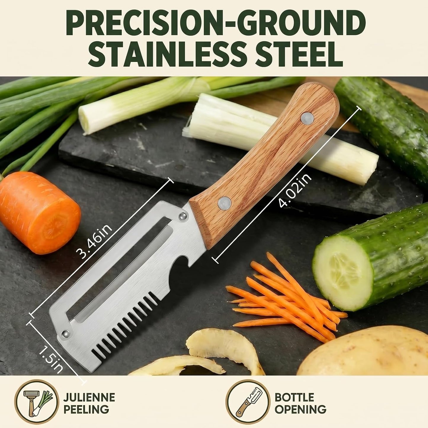 3-in-1 Vegetable Peeler for Kitchen: 2 Pack Wooden Handle Stainless Steel Scallion Shredder with Bottle Opener & Grater, Ergonomic Non-Slip Peeling Tool for Potatoes